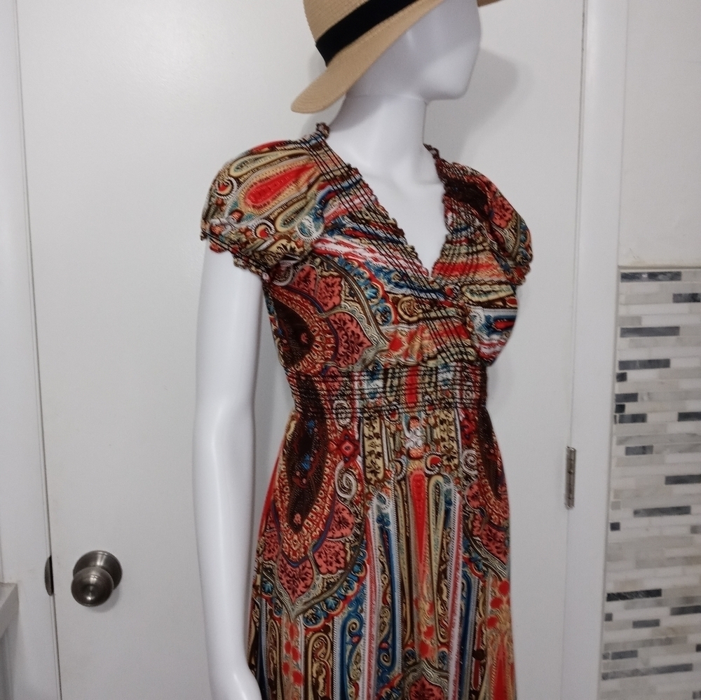 LAPAGEE PAISLEY LONGLINE CROSSOVER V NECK SMOCKED WAIST PRAIRIE STYLE DRESS M - Picture 2 of 15